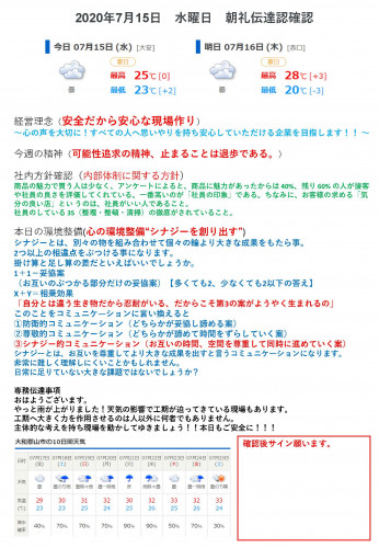 2020年7月15日水曜日朝礼伝達認確認