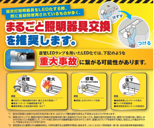 長期間お使いの蛍光灯器具にLEDランプを取り付けるのは危険です!