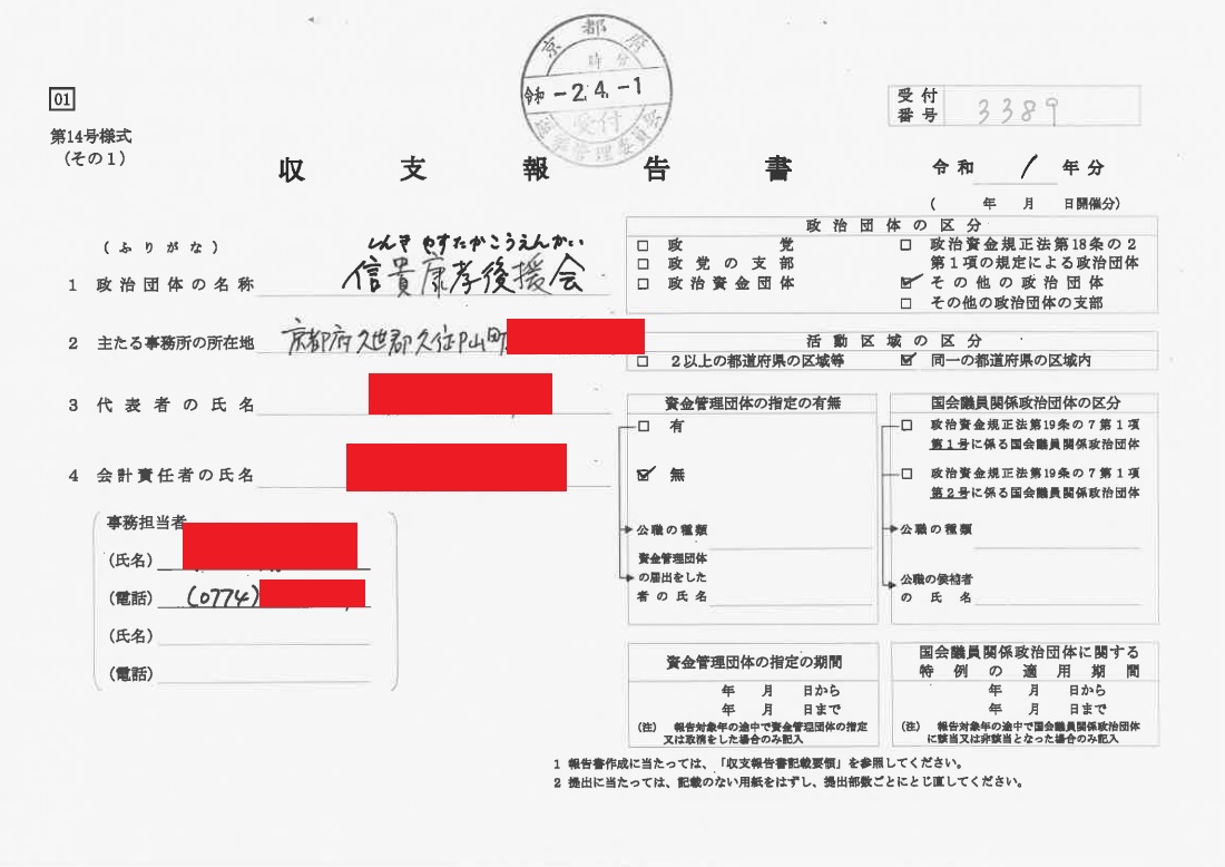 信貴康孝後援会が収支報告書を未提出　府選管は督促状を発出