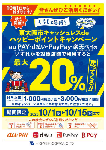 最大20%還元で秋も開催!東大阪市キャッシュレスdeハッピーポイントキャンペーン始まります!