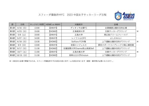 2023年度 中国女子サッカーリーグ日程表(スフィーダ備後府中FC)