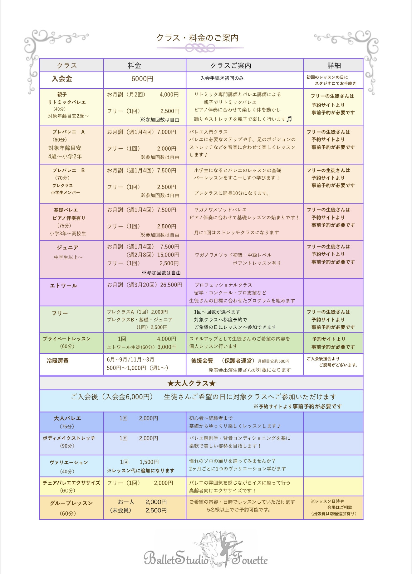 料金・クラスのご案内