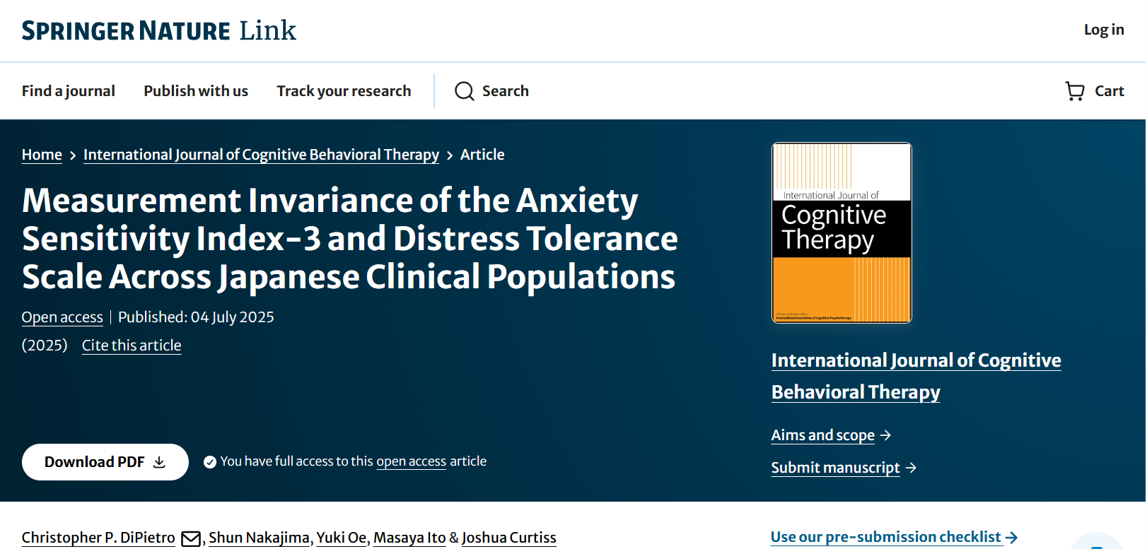 中島俊(PI)が共著者の国際共同研究論文がInternational Journal of Cognitive Behavioral Therapyに採択されました。