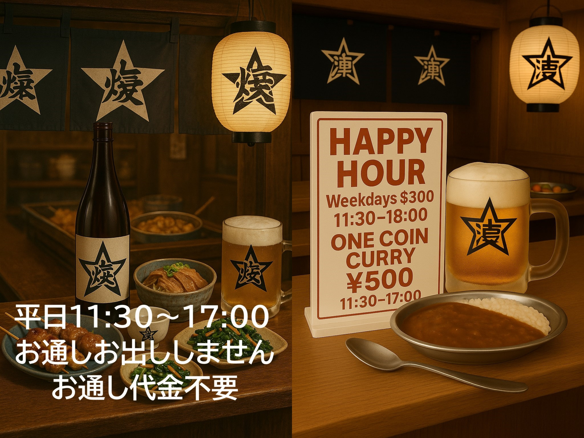 平日11:30~17:00お通し(テーブルチャージ)不要