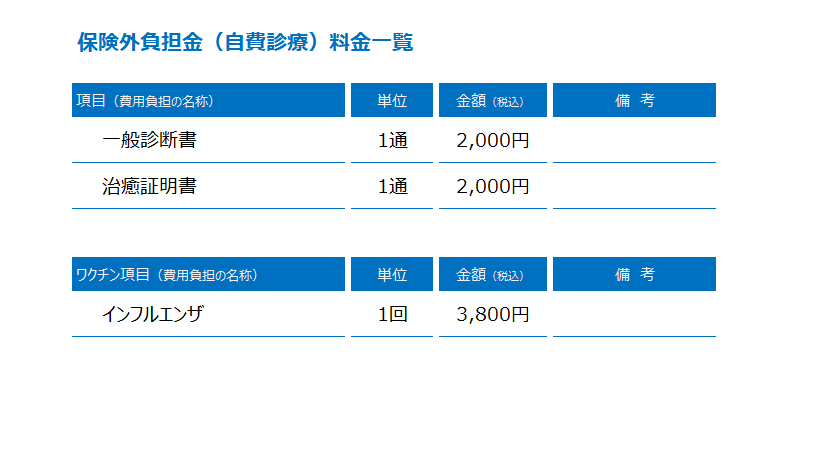 保険外負担金（自費診療）料金一覧