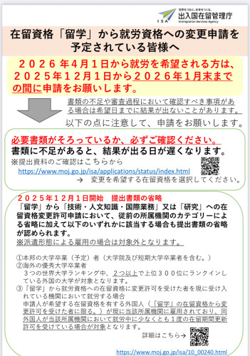 在留資格「留学」から就労資格変更について