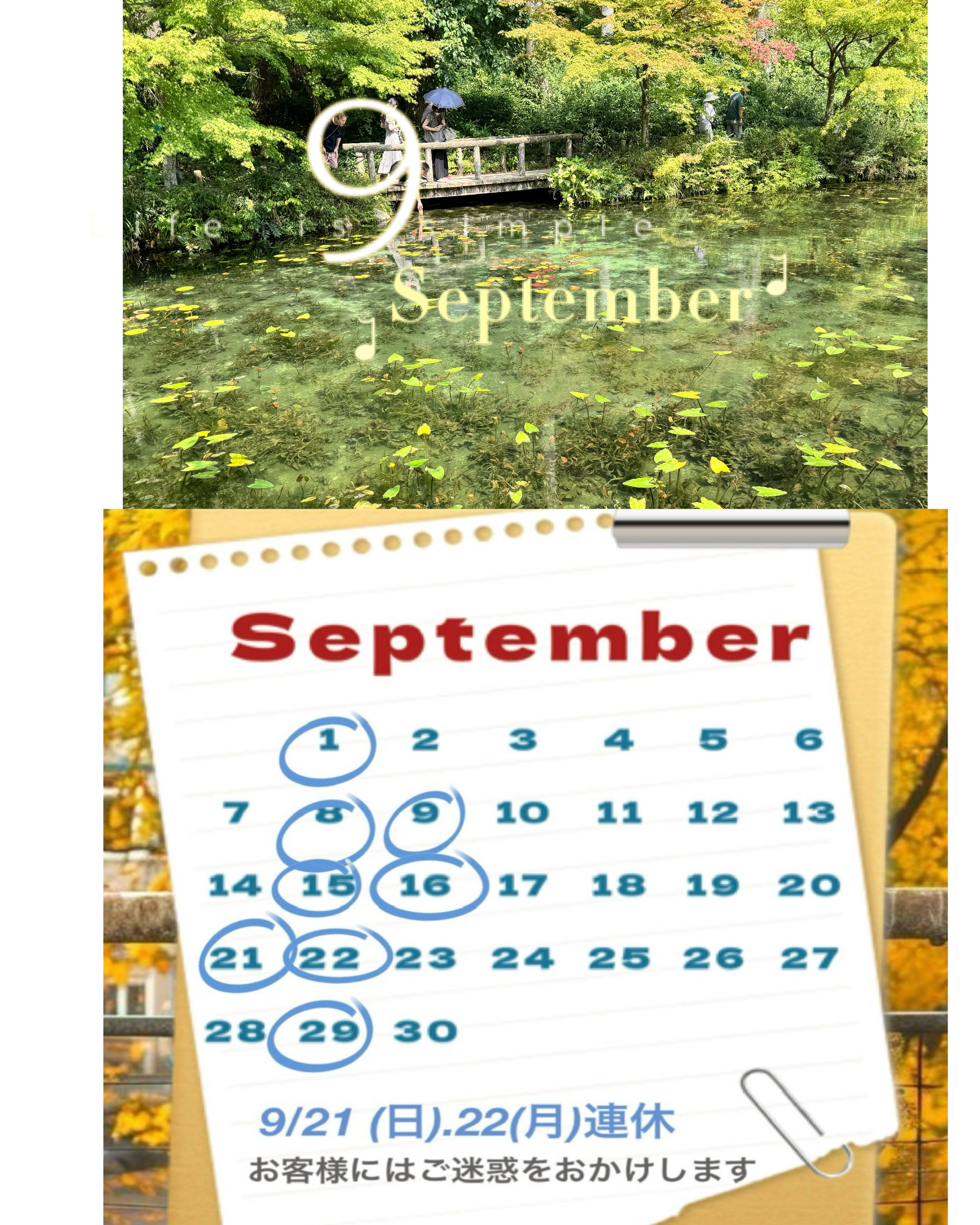 9月の連休のお知らせ