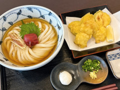 鱧とズッキーニの天ぷらの梅おろし冷かけうどん