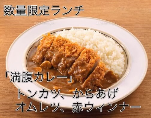 週末、数量限定ランチ  「満腹カレー」トンカツ、からあげ、オムレツ、赤ウィンナー