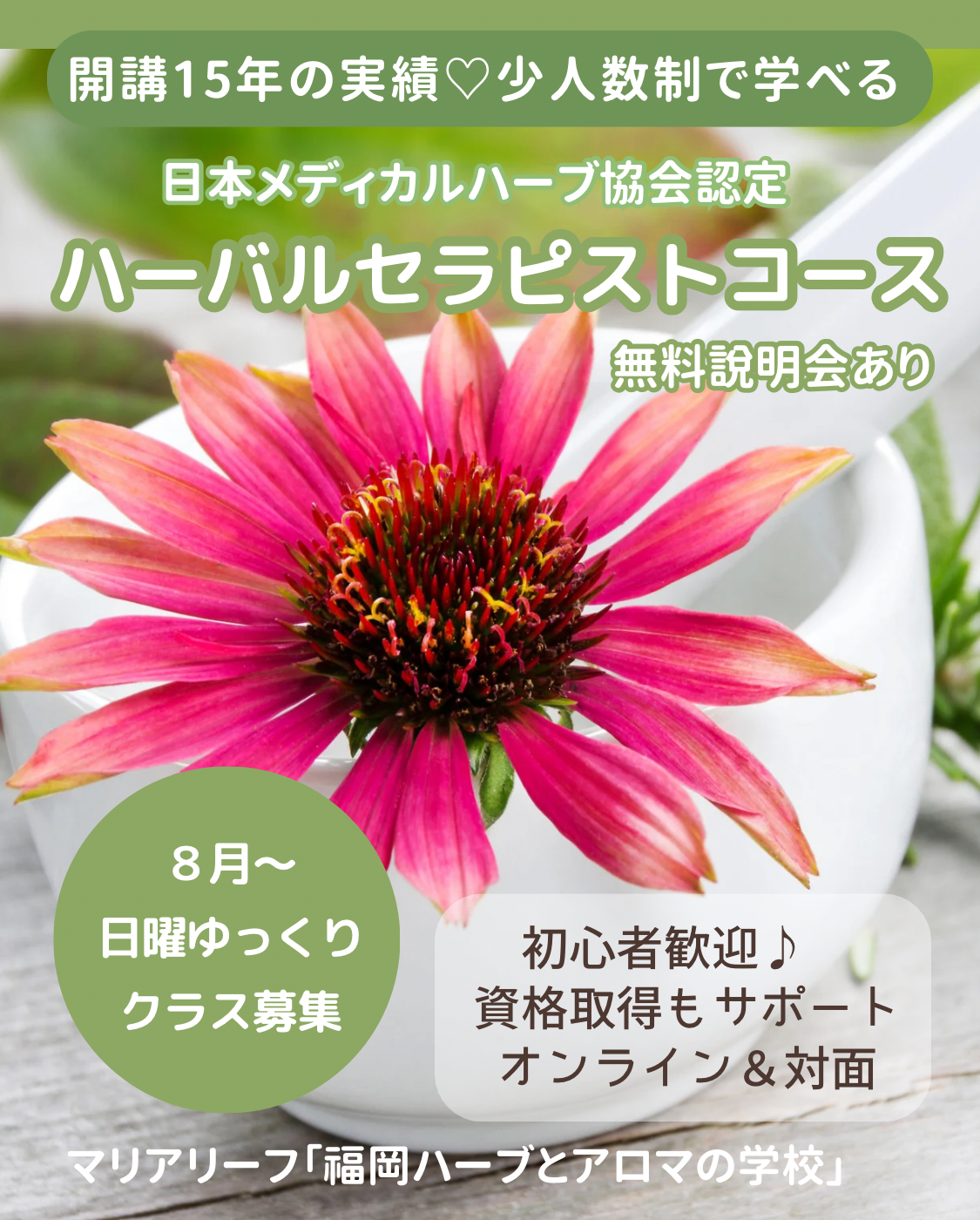 【8月開講】ハーバルセラピストコース 日曜ゆっくりクラス募集|日本メディカルハーブ協会認定講座