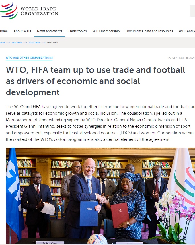 WTO（世界貿易機関）とFIFA（国際サッカー連盟）が基本合意書に署名