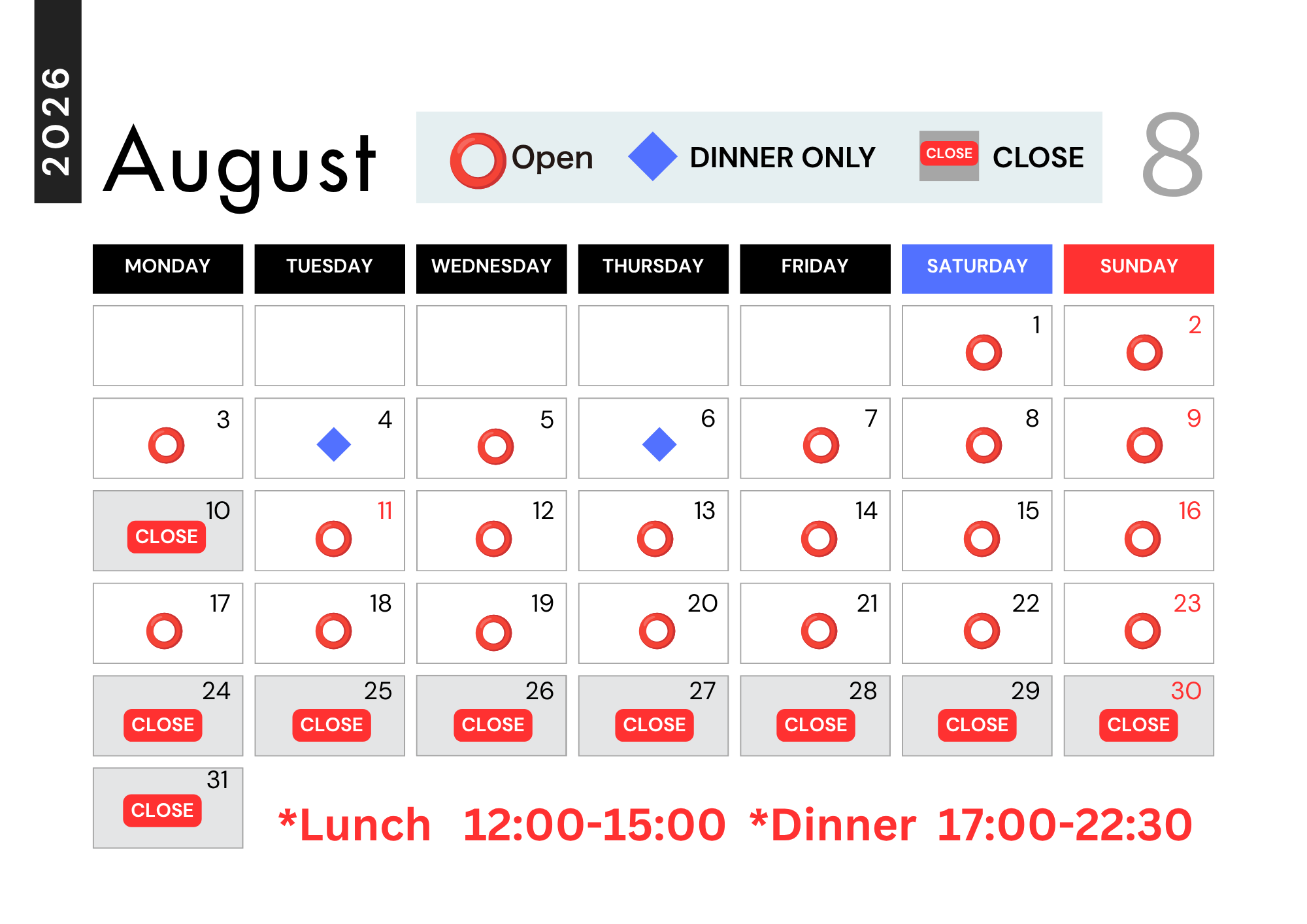 【August Business Hours & Special Notice regarding Summer Holiday / Closure】
