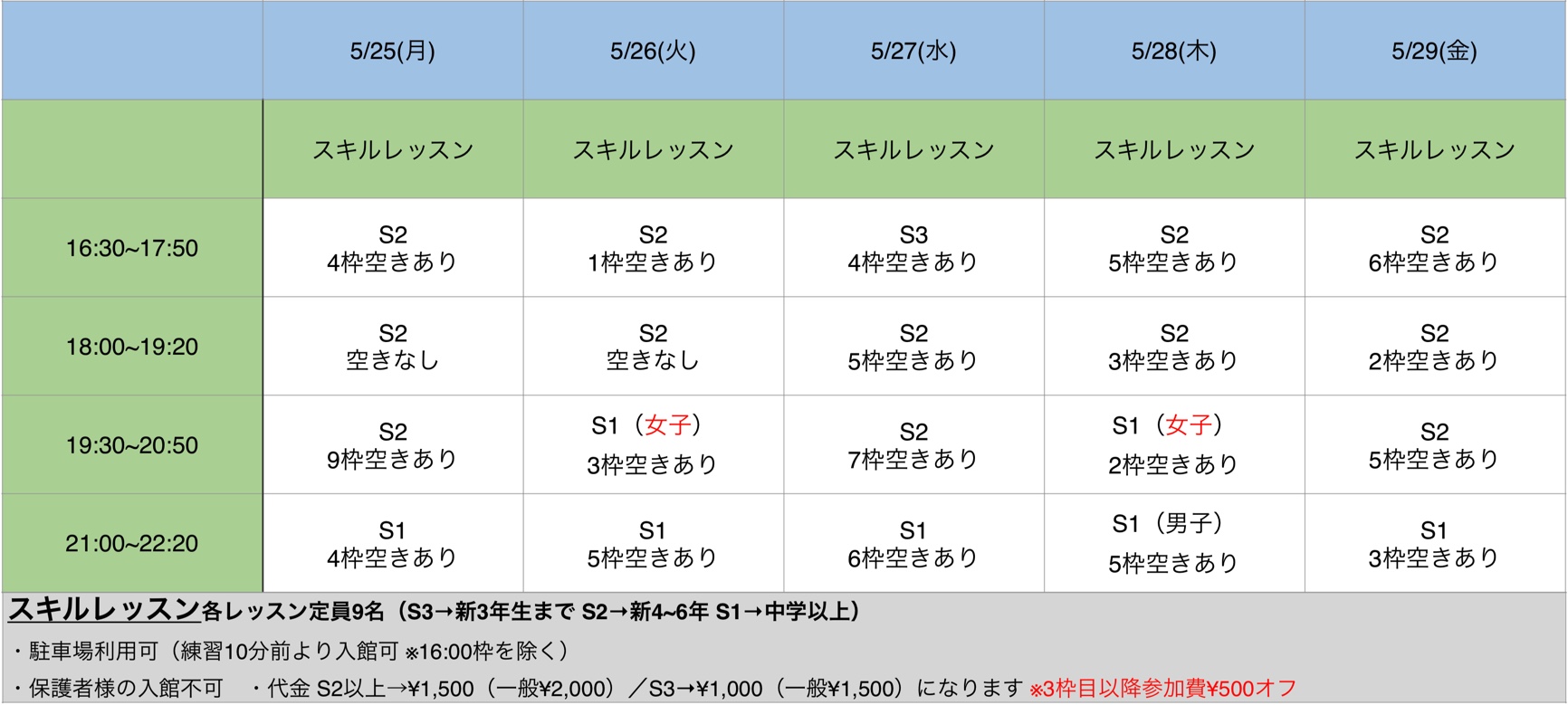 5/25(月)~5/29(金)レッスン空き情報更新