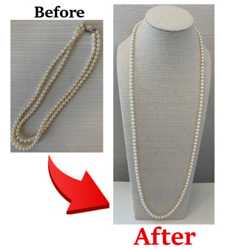 ２連の真珠をロングネックレスへ組み直し　更新しました！