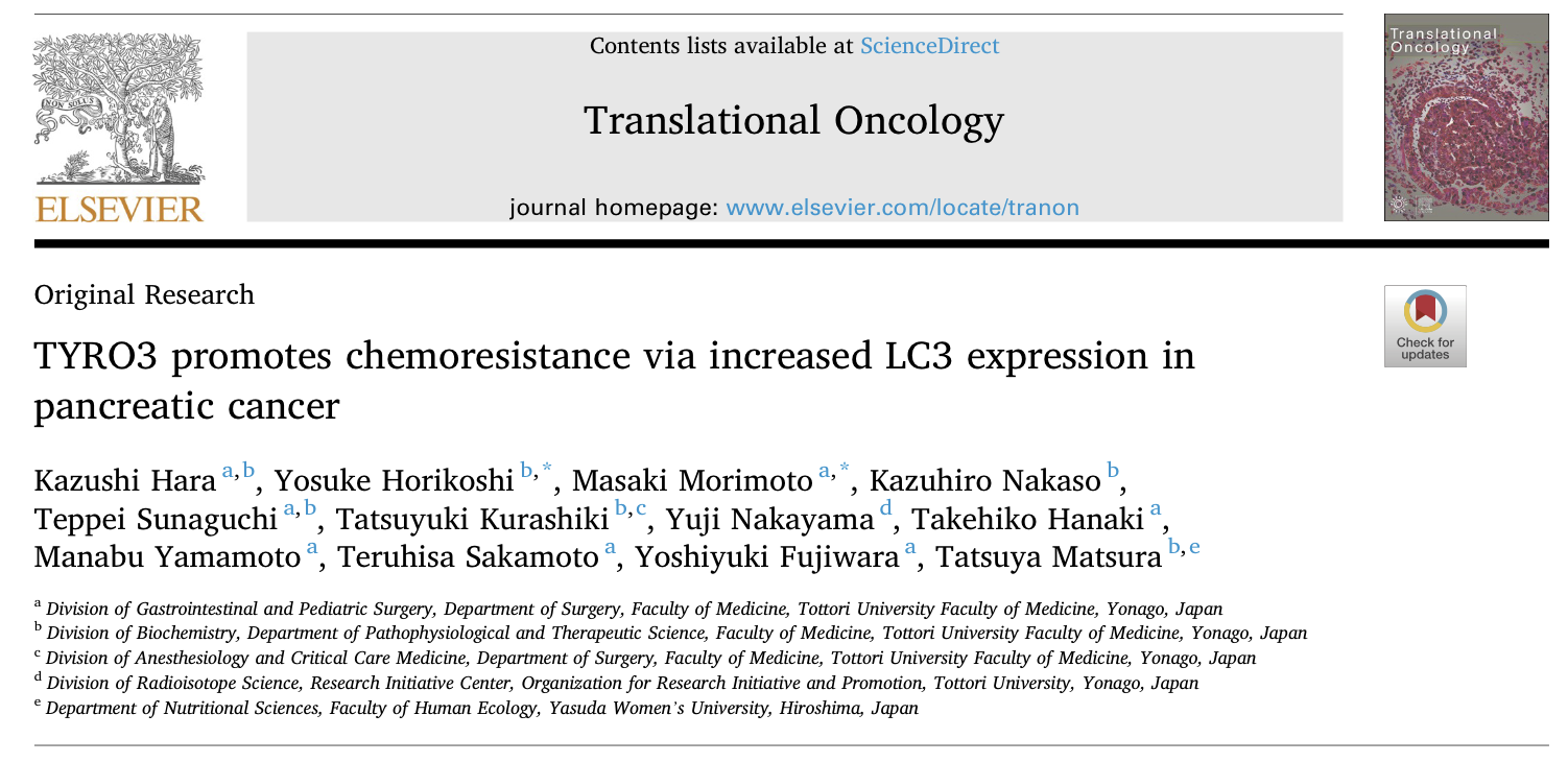 論文が Translational Oncology (IF=4.24) にアクセプトされました．（Hara K, et al)
