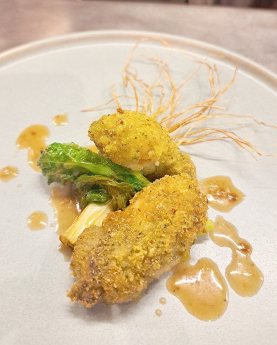 牡蠣のソテー  菜の花と法性寺ネギ