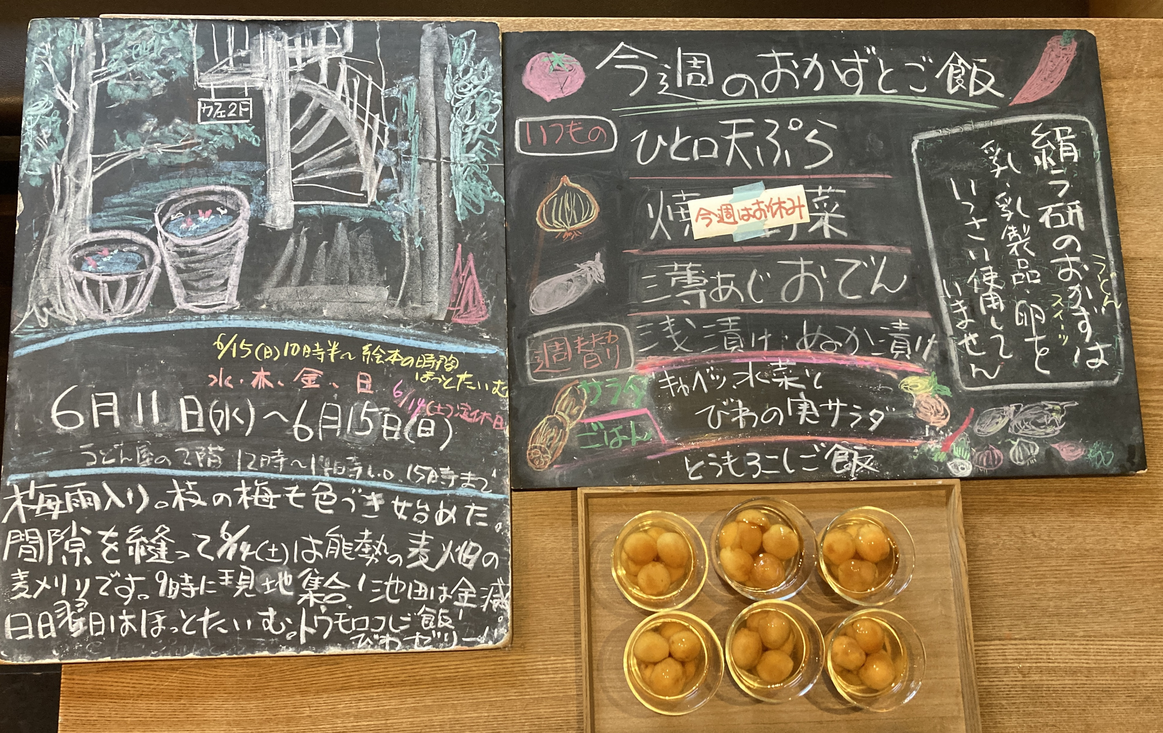 2025年6/11(水)〜15(日)昼営業11時半〜14時※14(土)休。15(日)10時半〜絵本の時間ほっとたいむ。 とうもろこしご飯、キャベツ、水菜とびわの実サラダ、びわの実ゼリー、パウンドケーキ