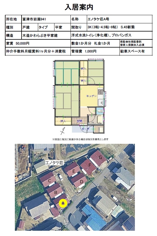 富津市岩瀬 平家貸家3K 月額賃料5万円