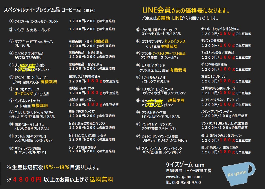 ★コーヒー豆のメニュー変更について