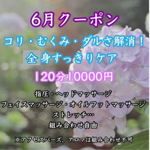 6月クーポン★コリ、むくみ、だるさスッキリ全身120分