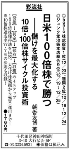 【広告掲載のお知らせ】新刊『日米100倍株で勝つ』、好評発売中