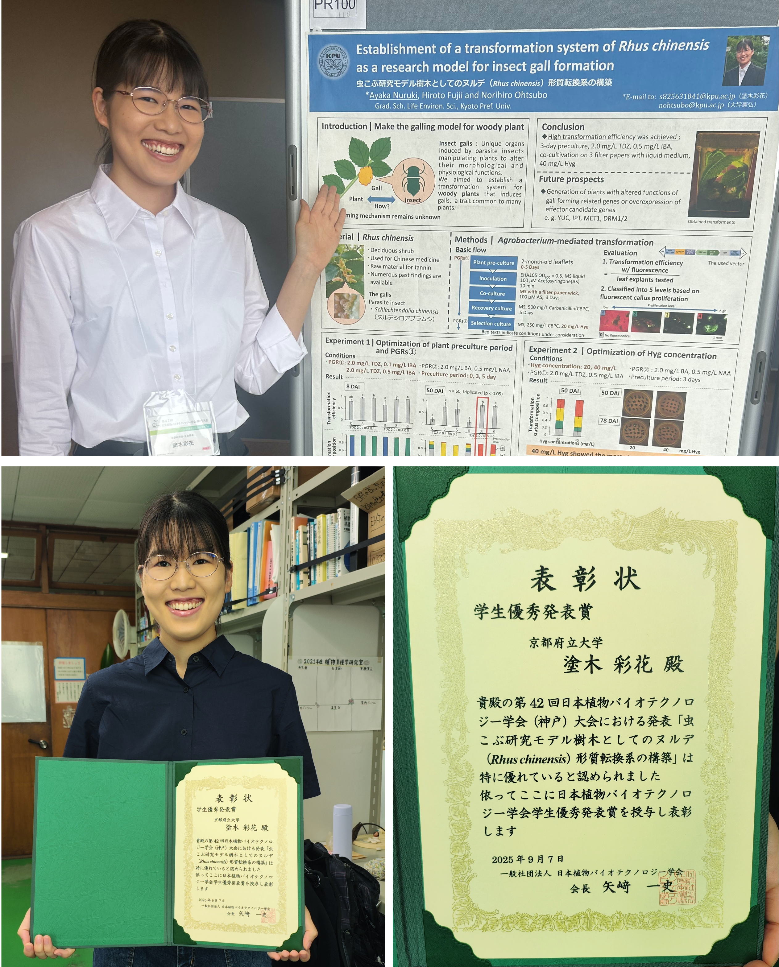 第42回日本植物バイオテクノロジー学会でM1の塗木彩花さんが学生優秀発表賞を受賞しました