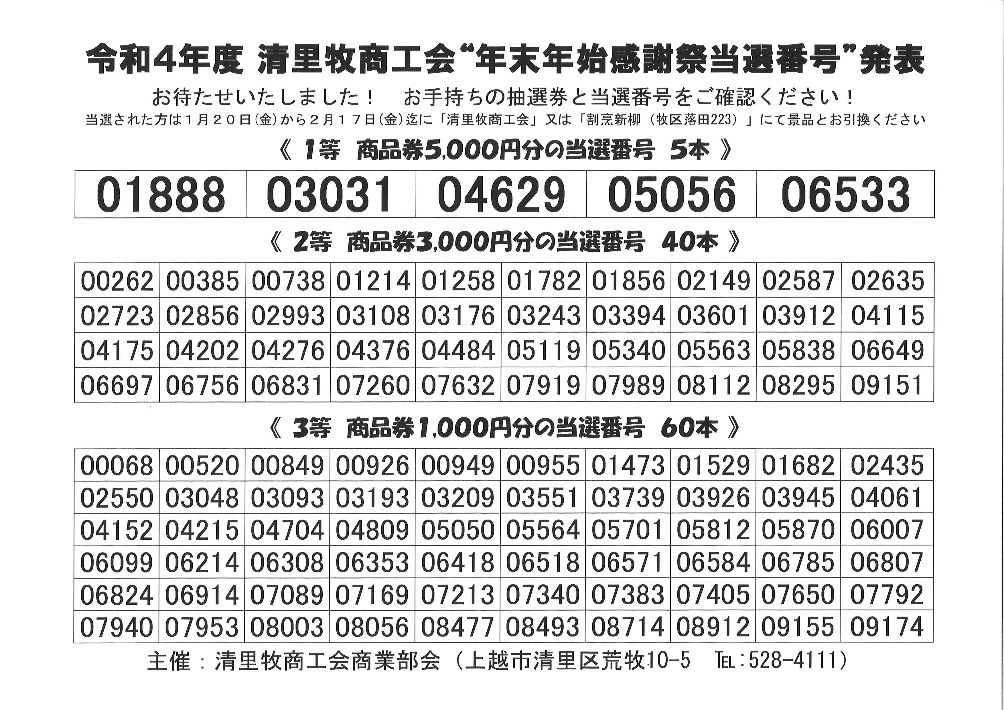 年末年始感謝祭 当選番号発表