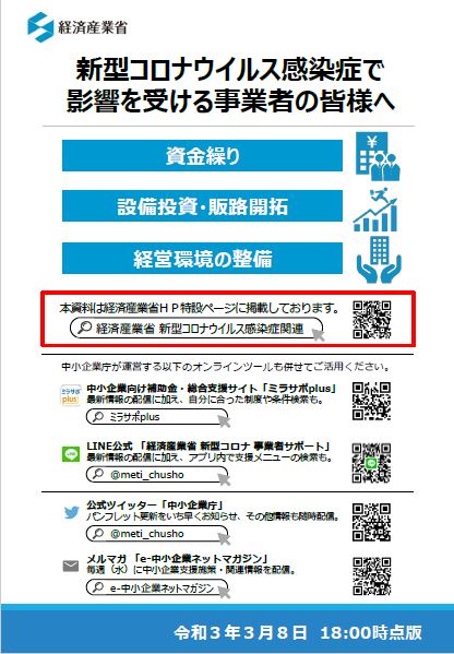 新型コロナウイルス感染症の影響を受ける事業者向け支援策が更新されました(3月8日18時更新版)