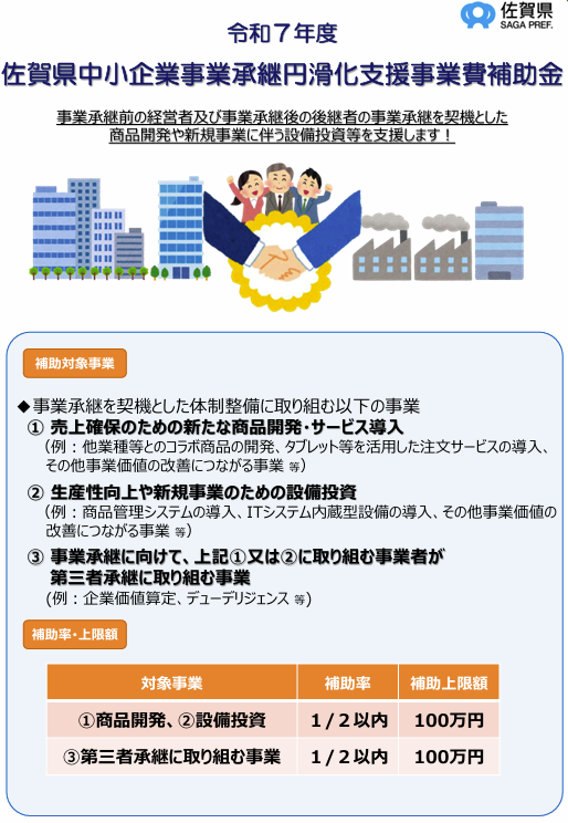 令和7年度佐賀県中小企業事業承継円滑化支援事業費補助金のお知らせ