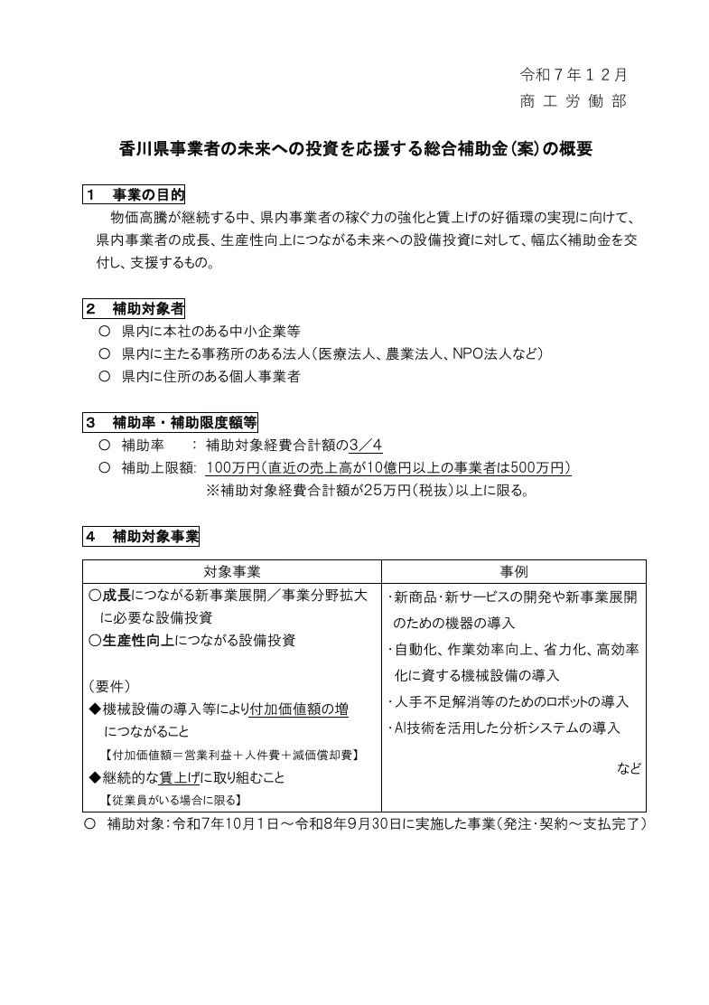 香川県事業者の未来への投資を応援する総合補助金（案）の概要について（香川県）