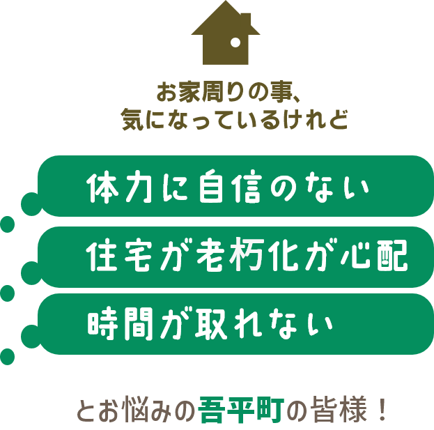 お家周りの事、気になっているけれど、体力に自信がない、住宅の老朽化が心配、時間が取れない。とお悩みの吾平町の皆様！