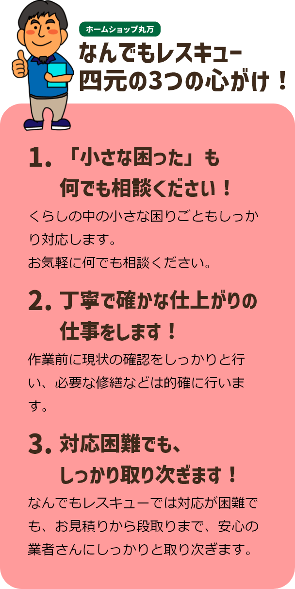 ホームショップ丸万。なんでもレスキュー四元の3つの心がけ！1.「小さな困った」も何でも相談ください！。くらしの中の小さな困りごともしっかり対応します。お気軽に何でも相談ください。2.丁寧で確かな仕上がりの仕事をします！作業前に現状の確認をしっかりと行い、必要な修繕などは的確に行います。3.対応困難でも、しっかり取り次ぎます！なんでもレスキューでは対応が困難でも、お見積りから段取りまで、安心の業者さんにしっかりと取り次ぎます。