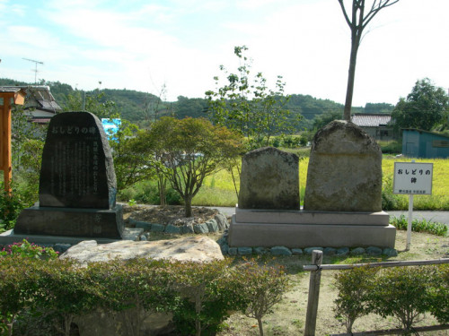 中田町赤沼の字杉並の県道のかたわらに、二つの古い碑があります。これが、昔から「おしどりの碑」といわれたもので、碑の東南一帯の水田が、昔の赤沼のあとであると伝えられています。