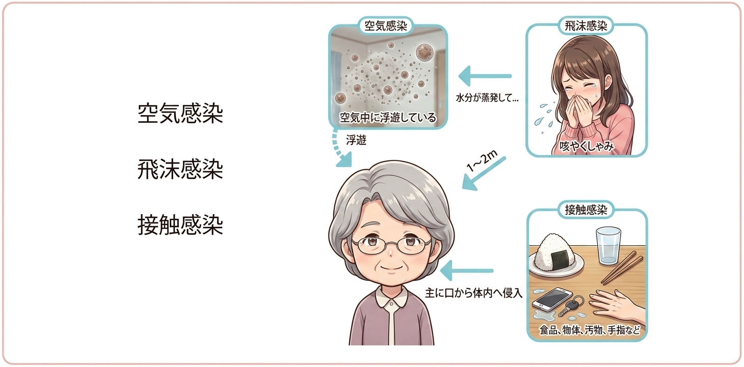 麻疹の感染経路：空気感染・飛沫感染・接触感染のイラスト