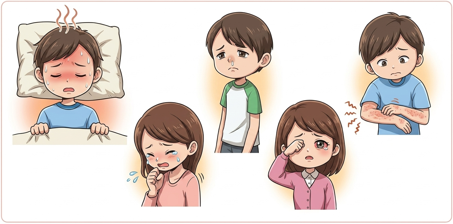 麻疹の症状を呈する子どもから大人のイラスト