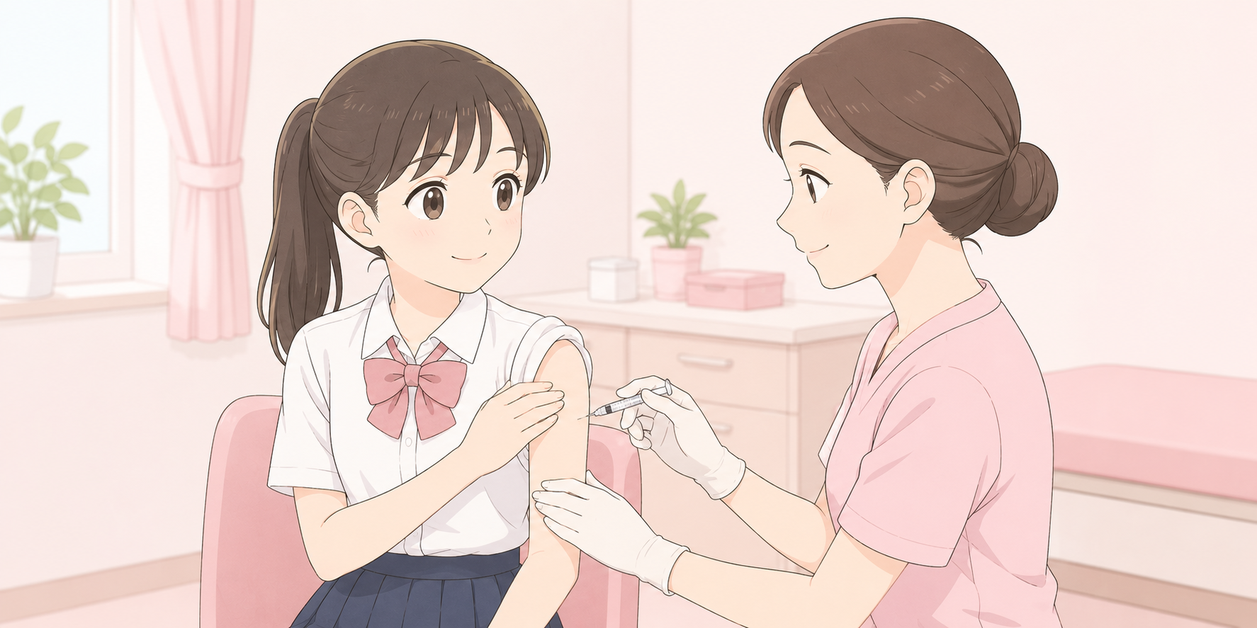 看護師に付き添われてHPVワクチンの接種を受ける女の子のイラスト