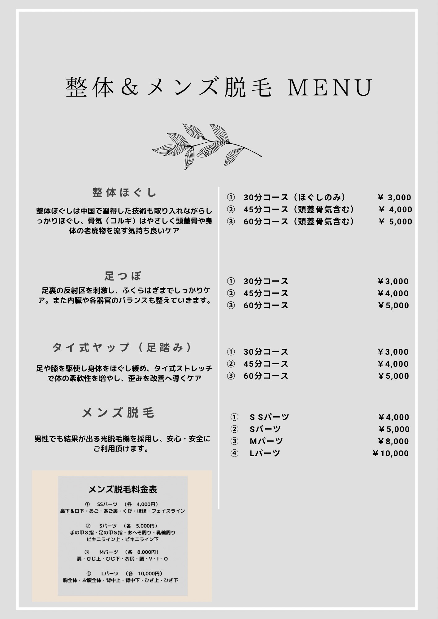 整体・メンズ脱毛・メンズエステメニュー表