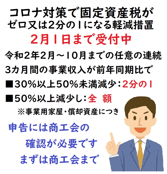 【コロナ対策】一定の事業収入減で市固定資産税がゼロ又は2分の1になる軽減措置の受付について