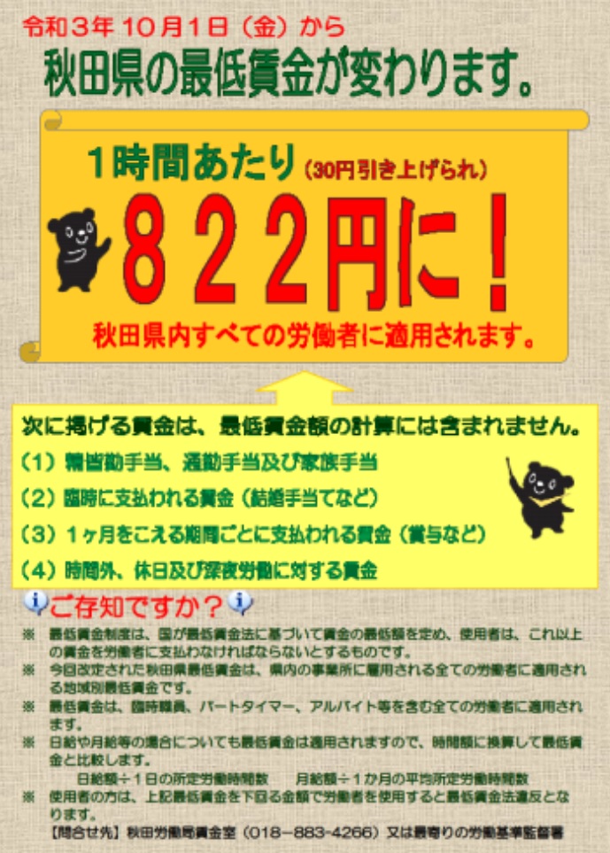 【最低賃金】令和3年10月1日から30円アップの822円に変わります