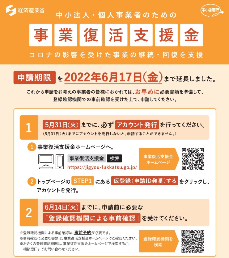 【コロナ】事業復活支援金の申請期間延長について（～6/14）