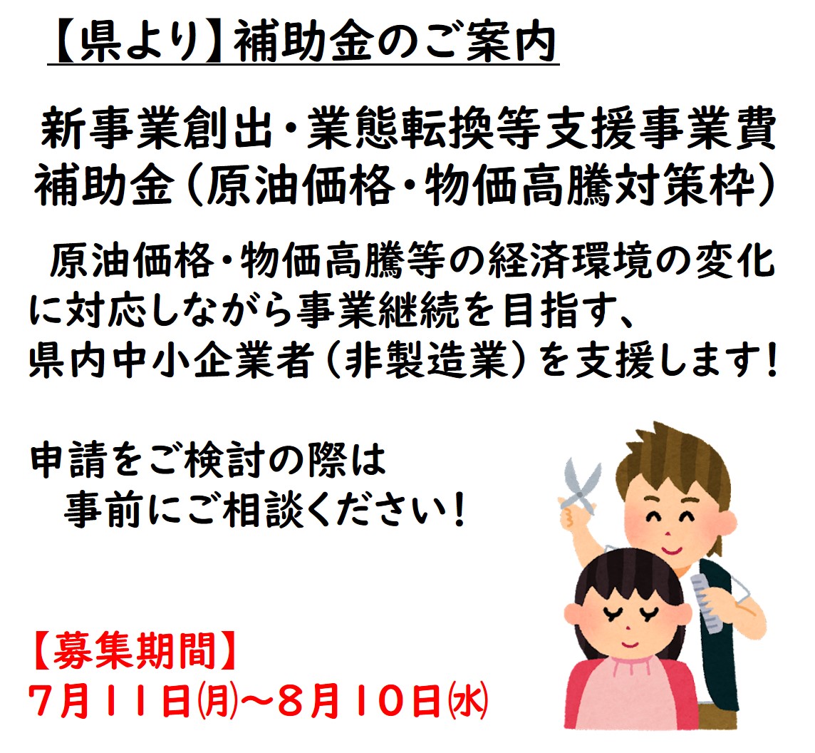 【補助金】（非製造業）新事業創出・業態転換等支援事業費補助金（原油価格・物価高騰等対策枠）の募集について（7/11～8/10）