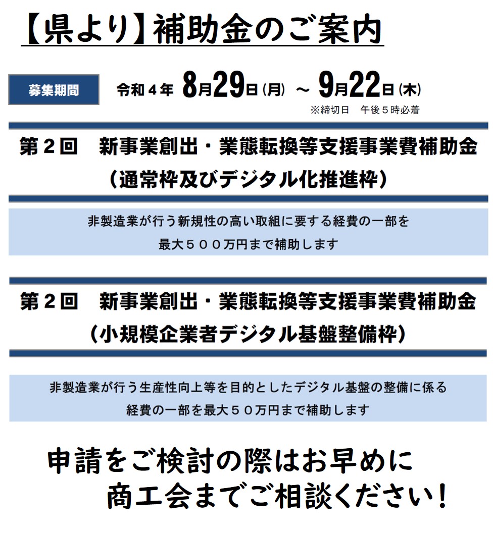 【補助金（非製造業向け）】第２回新事業創出・業態転換等支援事業費補助金の募集について（8/29～9/22）