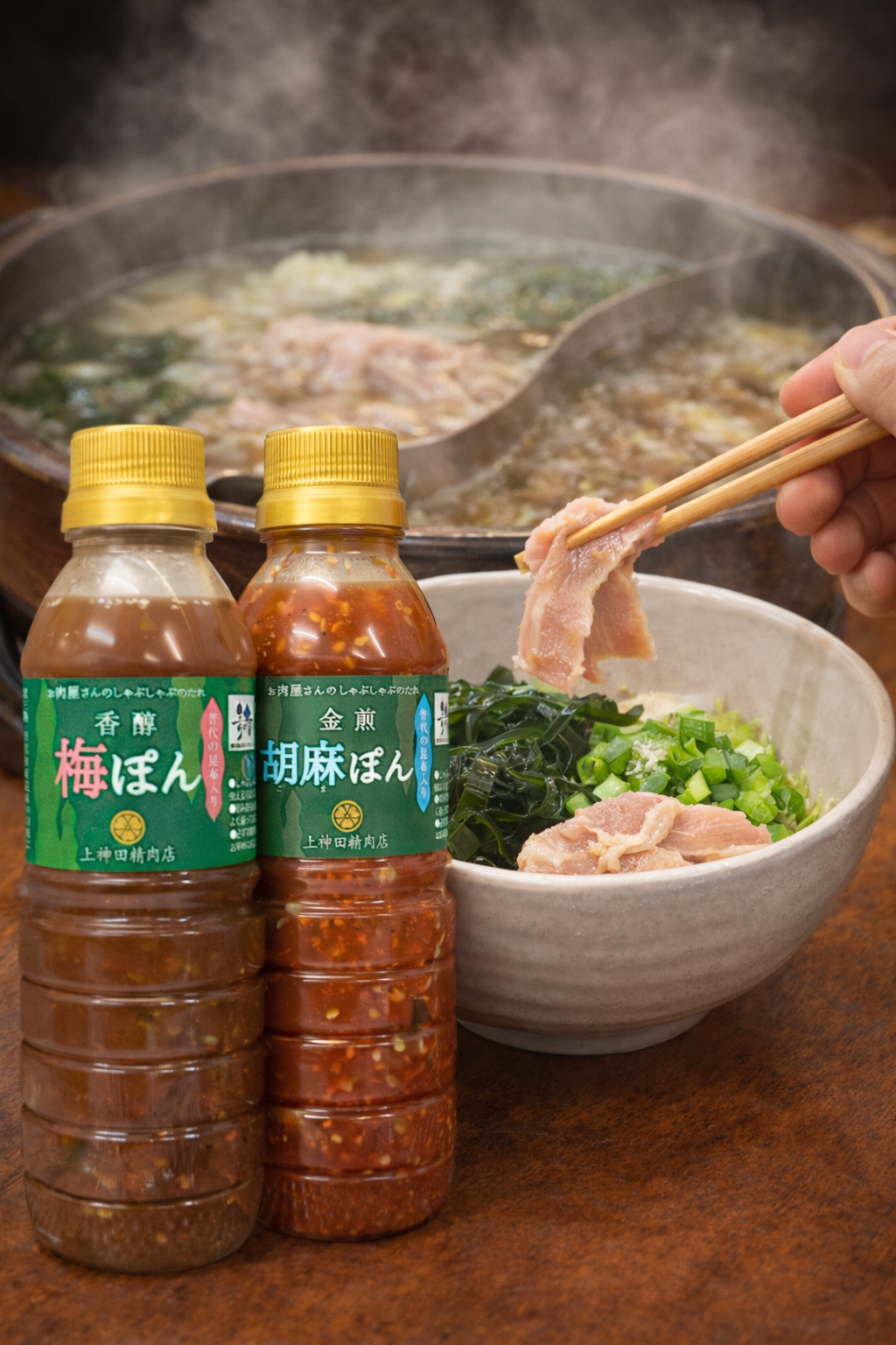 しゃぶしゃぶのたれは2種類  香醇 梅ぽん（こうじゅん うめぽん） すっきりしてあと味さわやか。  金煎 胡麻ぽん（きんせん ごまぽん） まろやかで満足感のある