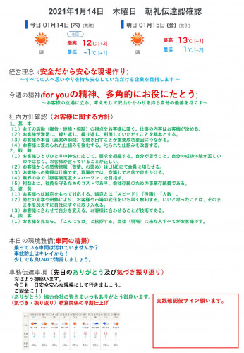 2021年1月14日木曜日朝礼伝達認確認