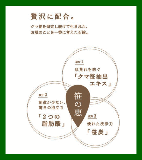 「笹の恵」はクマ笹を４０年以上の長きにわたり研究、製品化してき技術を応用して作った安心・安全のクマ笹抽出エキスを５４％相当配合しています。 クマ笹は菌の繁殖を抑える働きがあるため、天然の防腐剤と呼ばれています。 しかも、人間に害のある菌を選んで働きます。 「笹の恵」は単なる洗浄だけではない、クマ笹のパワーを体感していただけます。