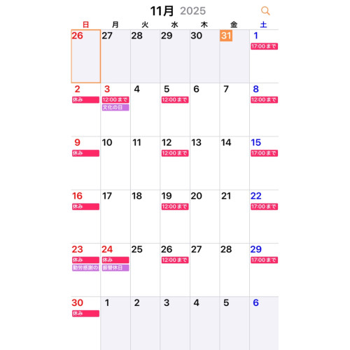 11月整骨院カレンダー