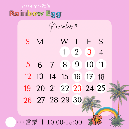 11月営業日(ハワイアン雑貨のお店 Rainbow Egg)