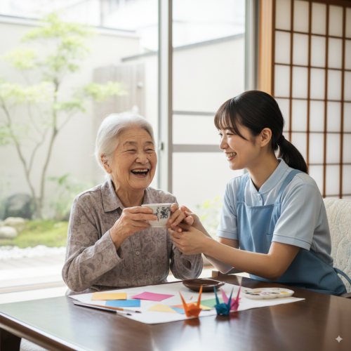 介護士と利用者のお年寄りが笑顔で話している様子