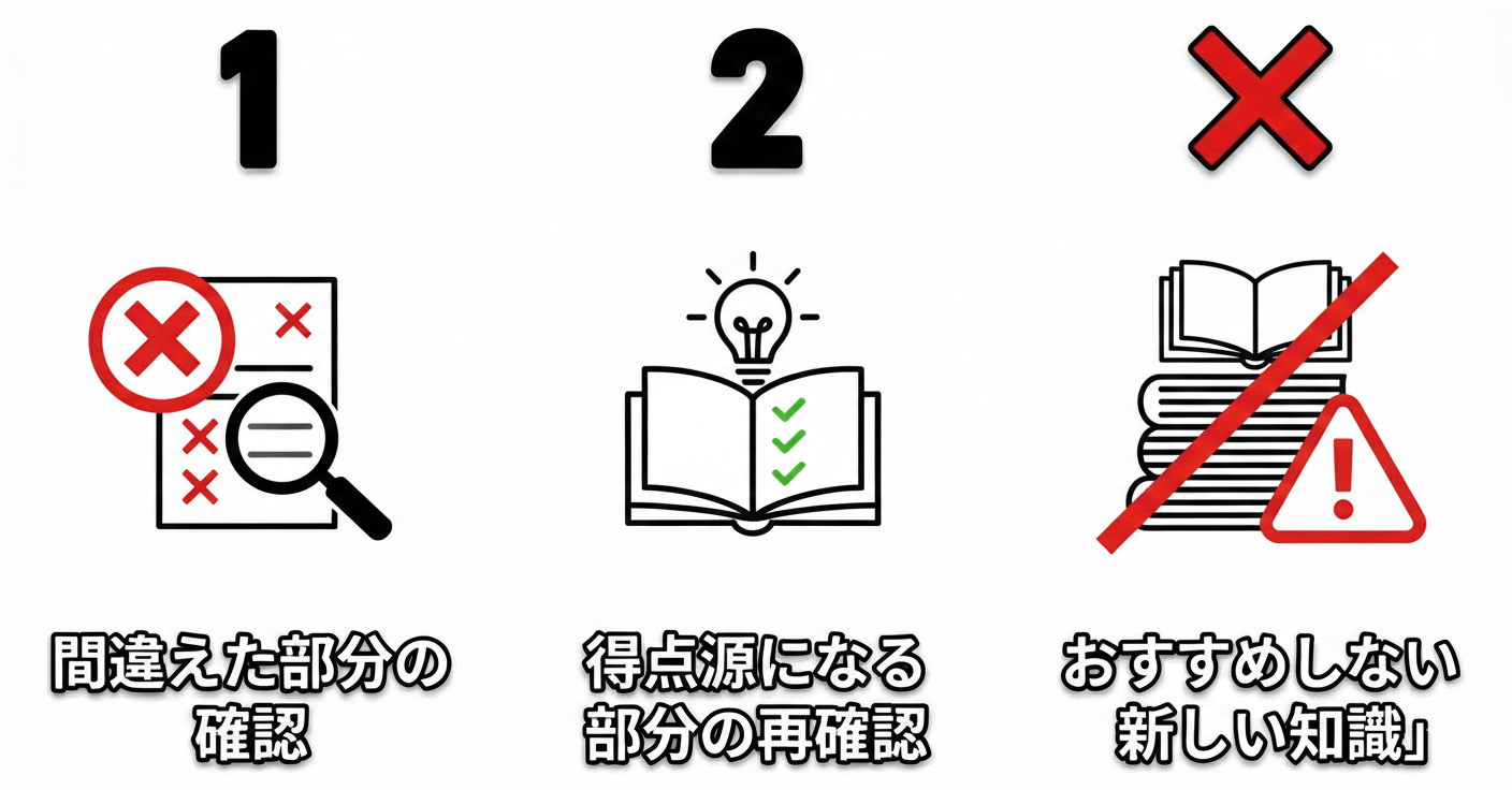 1週間前の勉強法3つのポイント：1.間違えた部分の確認 2.得点源の再確認 ×おすすめしない新しい知識