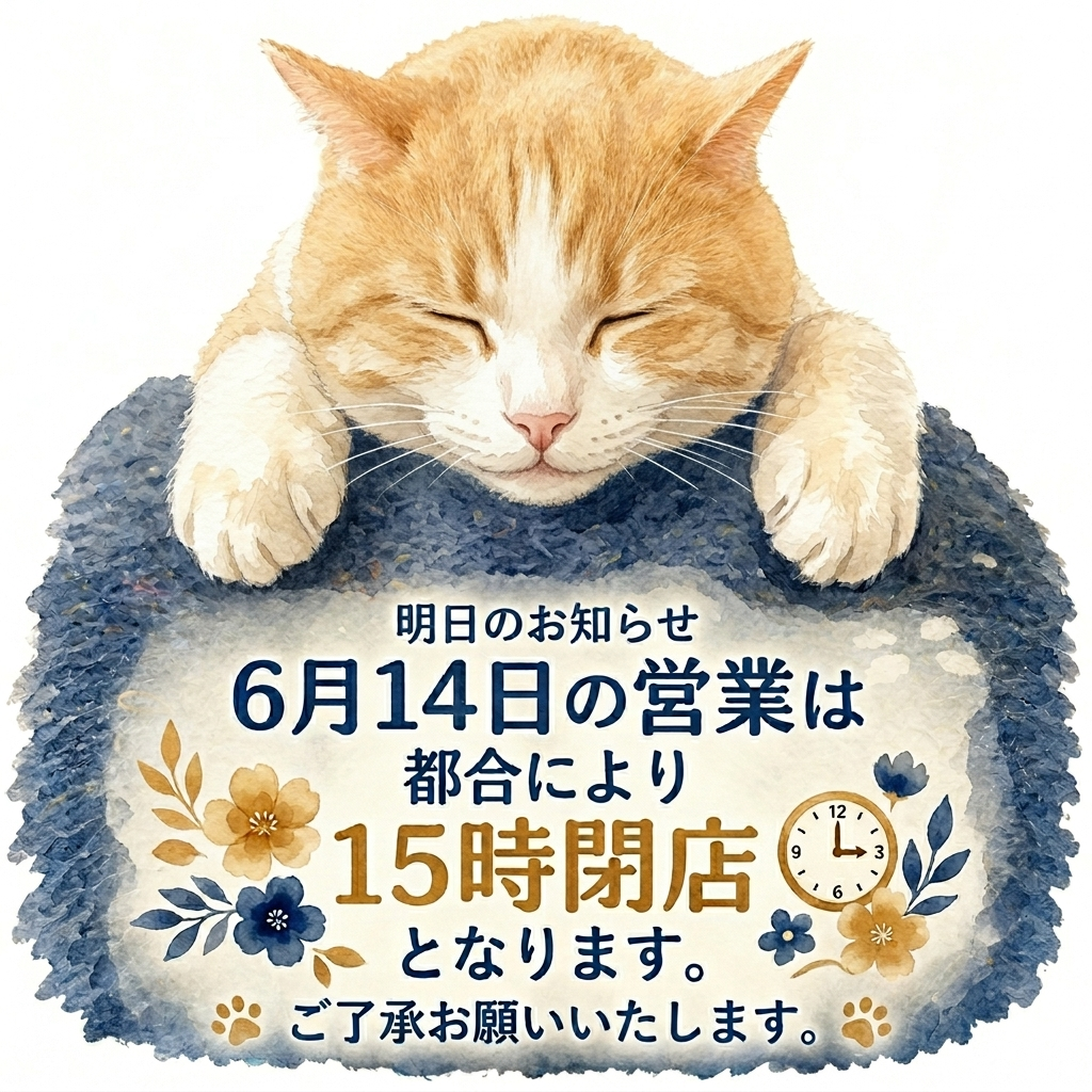 6/14日は15時閉店です